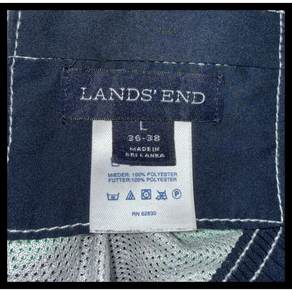 Lands' End Swim Trunks Mens L Green Navy Striped Board Shorts Beachwear
